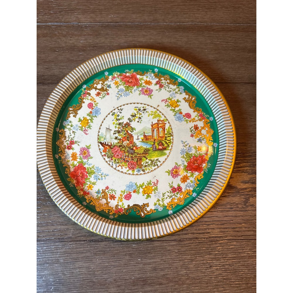 Vintage Daher Decorated Ware Tin Tray Floral Scenic Round Metal Made in England